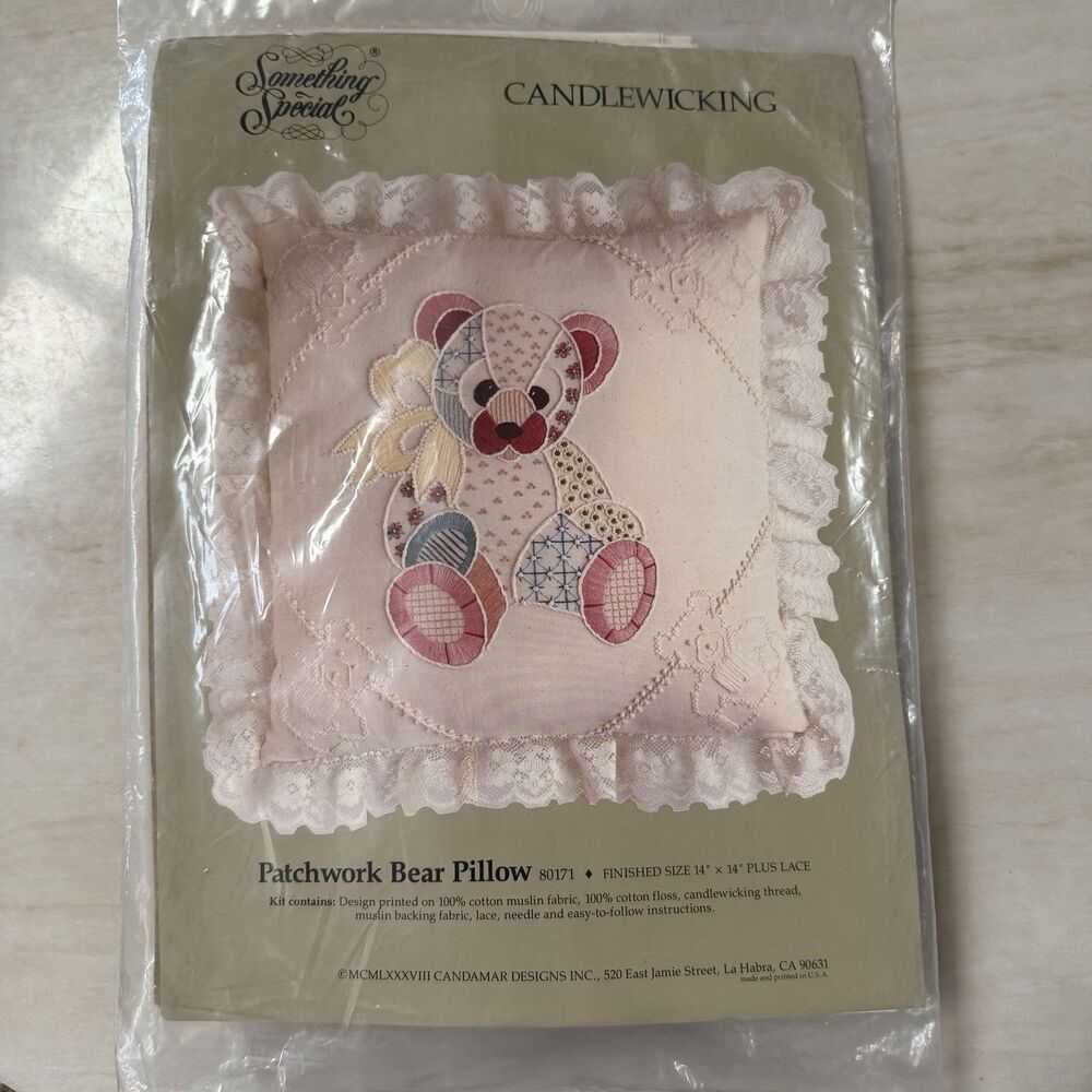 Something Special Candlewicking Patchwork Bear Pillow Kit 14”x14” Candamar NOS